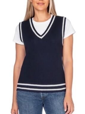 NWT 🫶🏼 In Conversation Navy V-Neck Sweater Vest with White Stripe Trim